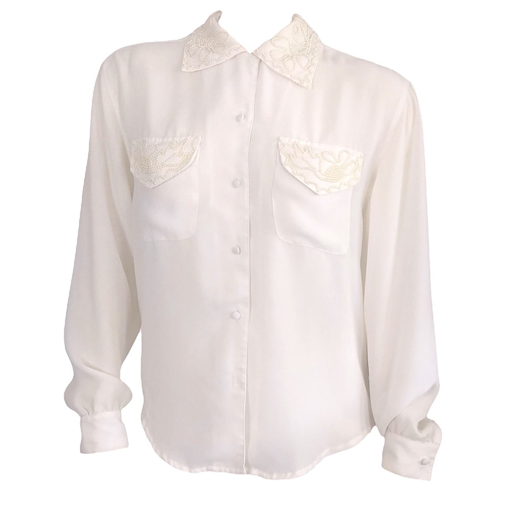 VINTAGE 90s Y2K Pearl Detail Cream Button Up Blouse